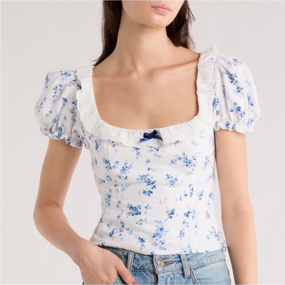 NEW Reformation Alice Lace Trim Puff Sleeve Crop Top Size 2